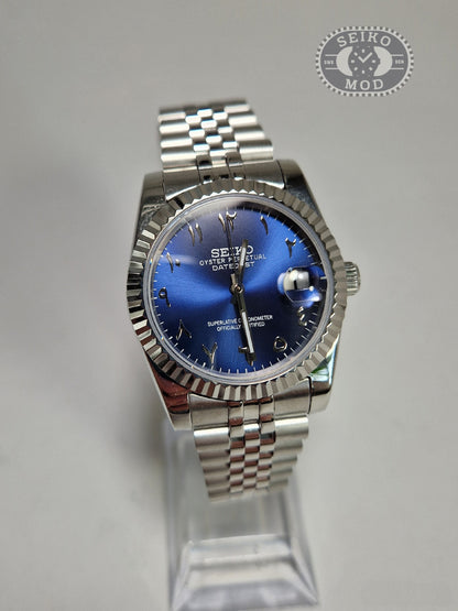 Datejust mod with dark blue Arabic dial and Jubilee bracelet