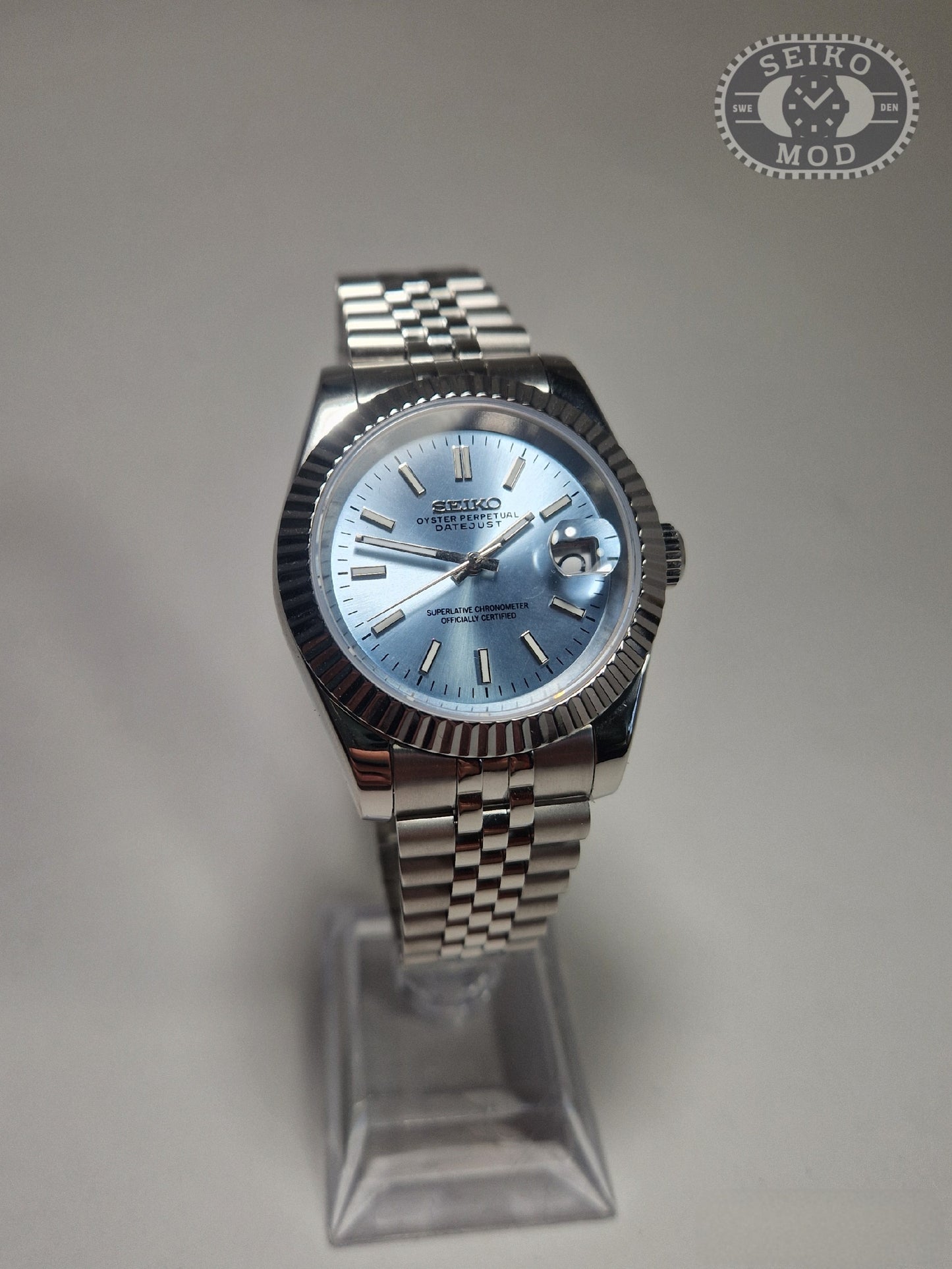 Datejust mod with light blue dial and Jubilee bracelet