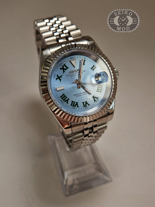 Datejust mod with wimbledon light blue roman dial and jubilee bracelet