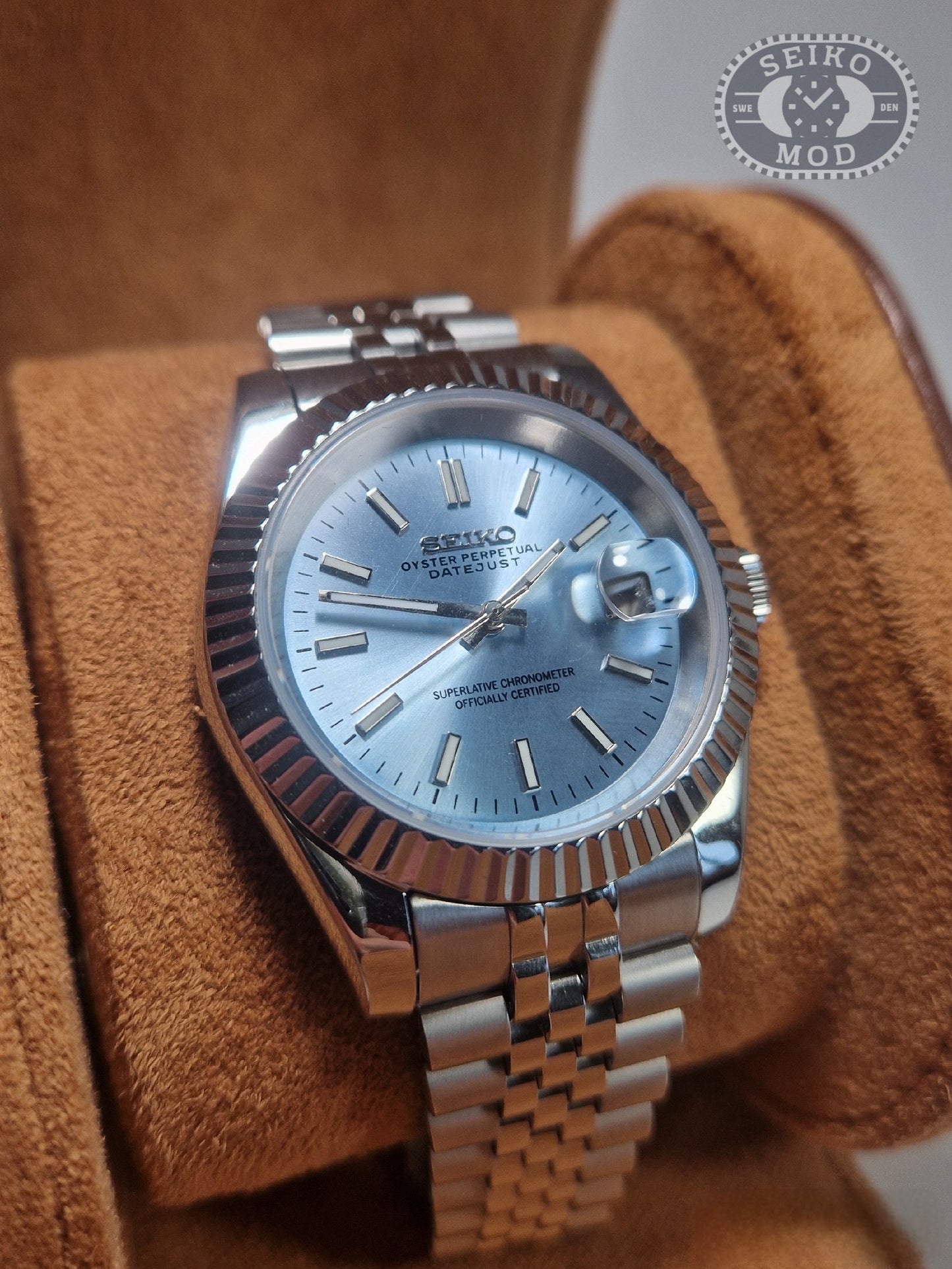 Datejust mod with light blue dial and Jubilee bracelet