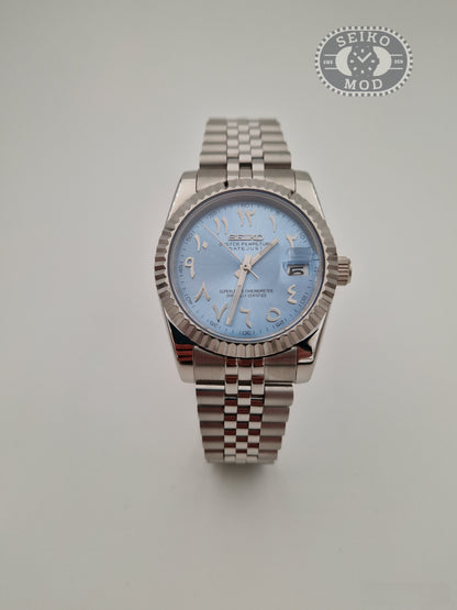 Datejust mod with light blue Arabic dial and Jubilee bracelet