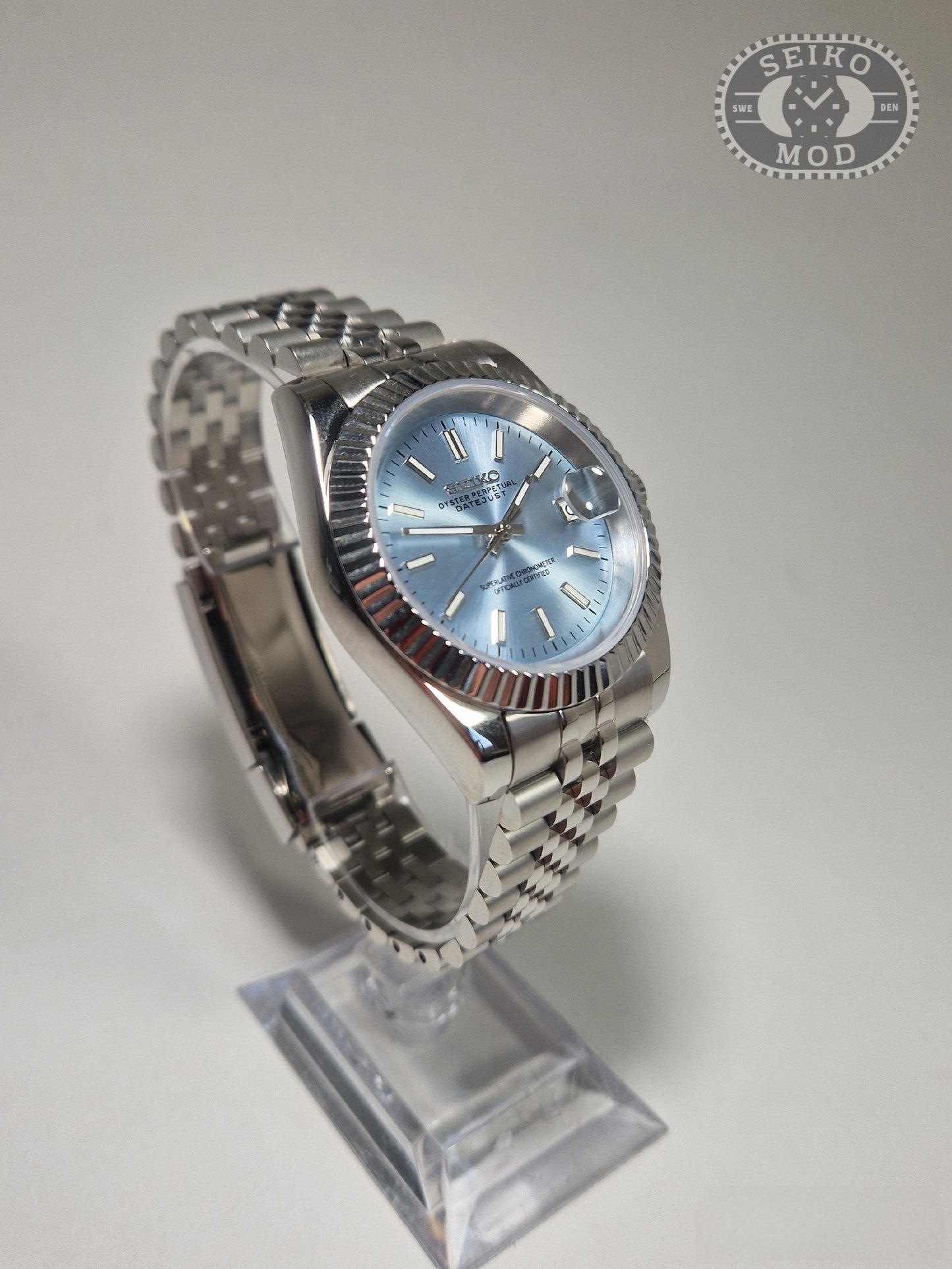 Datejust mod with light blue dial and Jubilee bracelet